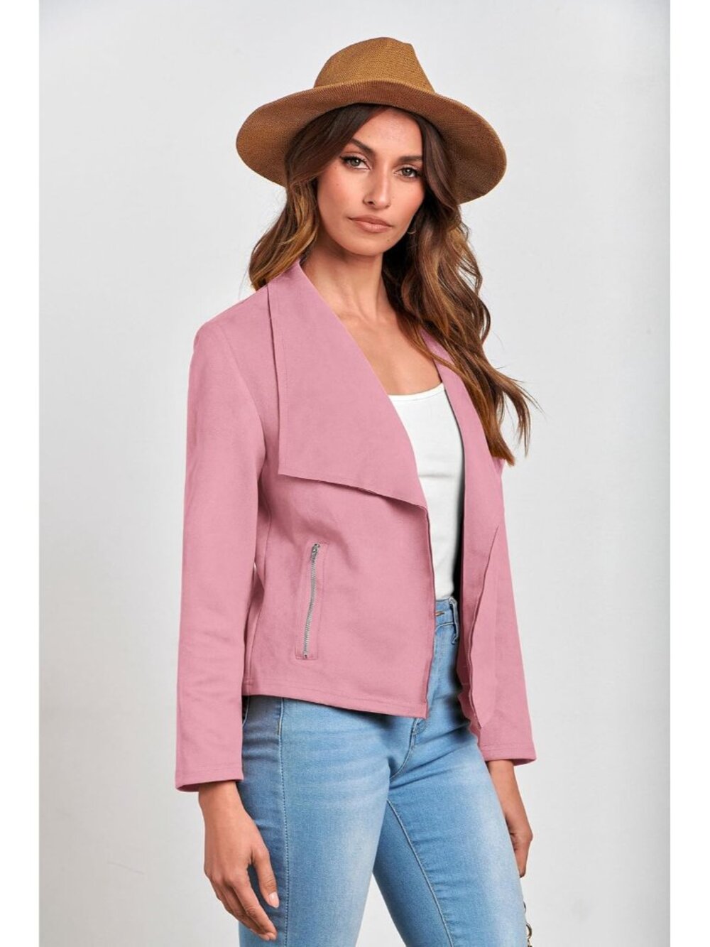 Women’s Pink Faux Suede Waterfall Collar Front Imported Cropped Jacket - Picture 6 of 6